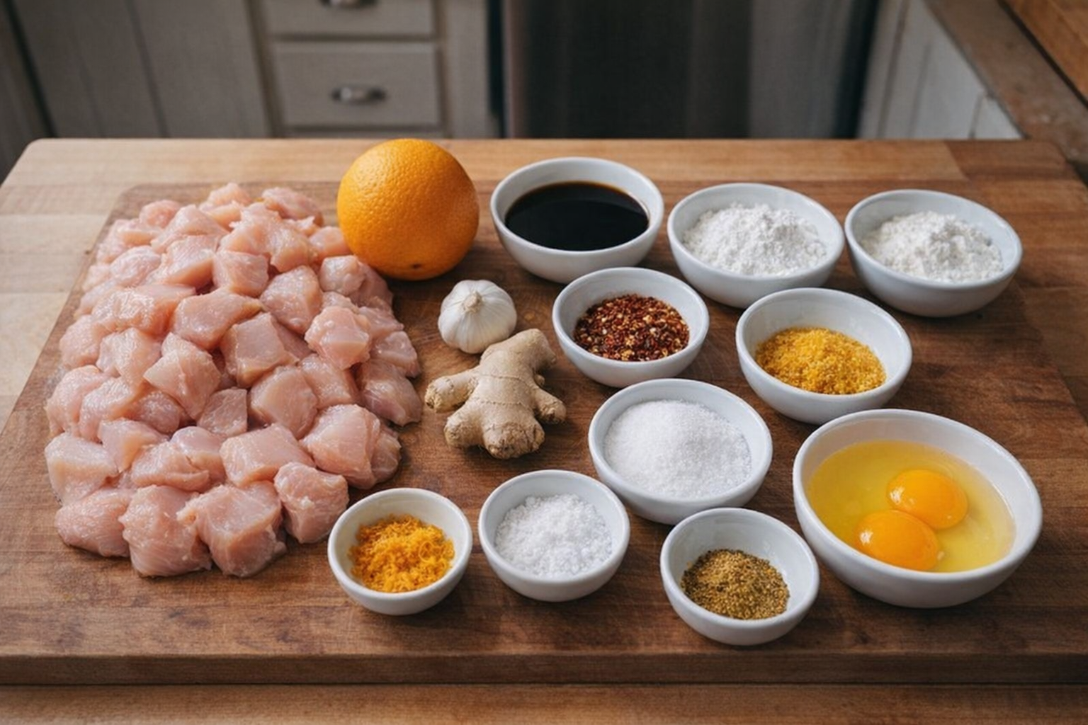 A birds-eye view of the ingredients for orange chicken laid out on a wooden cutting board: chicken pieces, orange, garlic, ginger, soy sauce, flour, cornstarch, eggs, and spices in small bowls